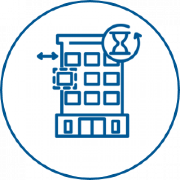 © neongrau Drawing of a building with an hourglass in the top right corner in the foreground and an removeable modular element